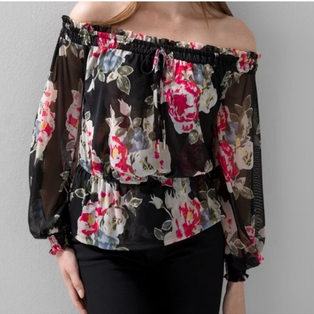 White House Black Market Off-Shoulder Black Floral Blouse w/Pink & White Roses